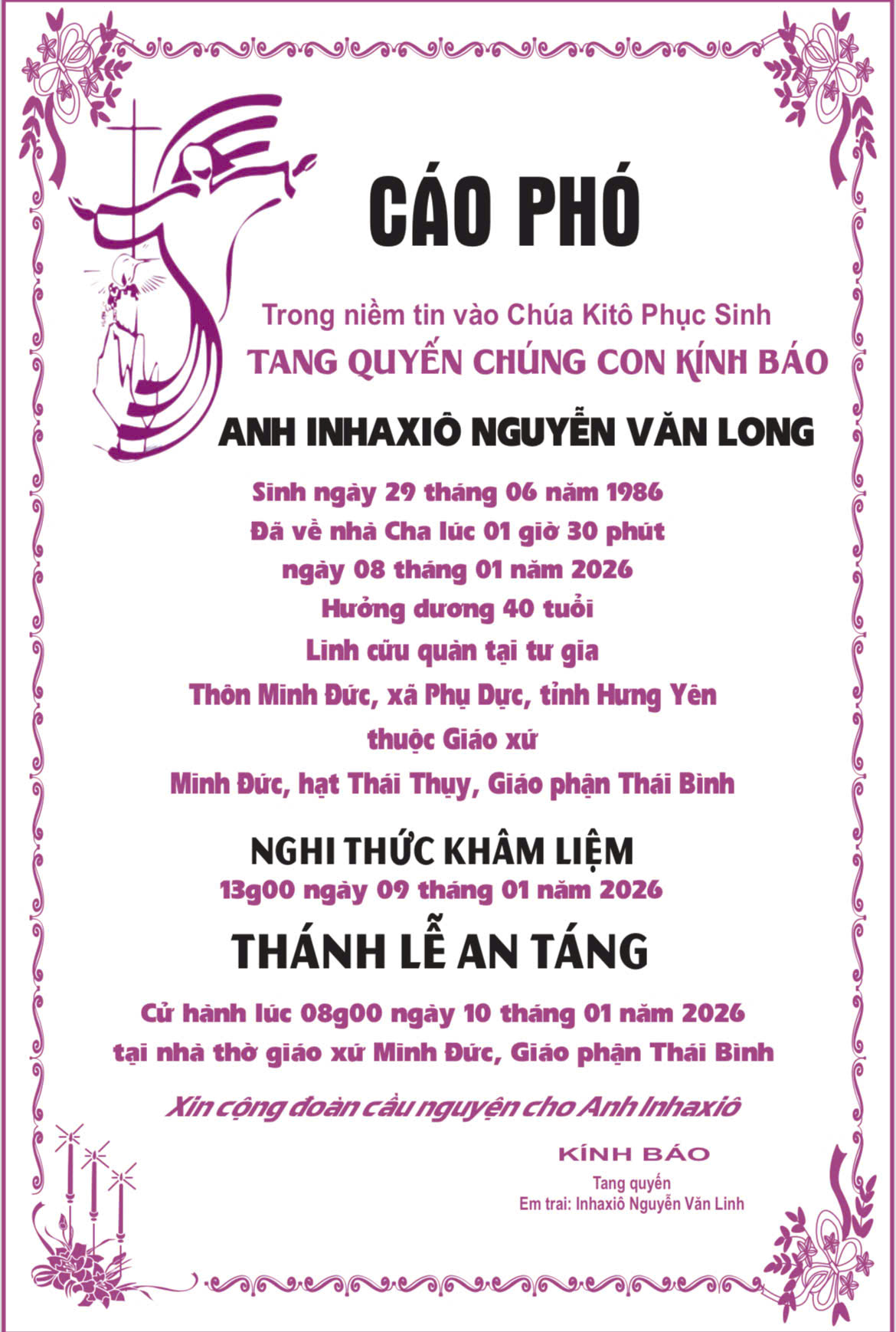 CÁO PHÓ: ANH INHAXIO NGUYỄN VĂN LONG